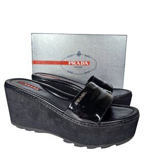 Prada Sport Black Patent Leather Platform Wedge Slides Sandals Women's 39.5/US9.